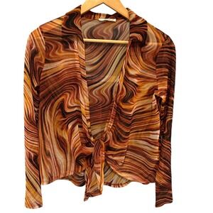 Timing Mesh Tie Front Marble Print Top Sz S Groovy Retro Festival Boho